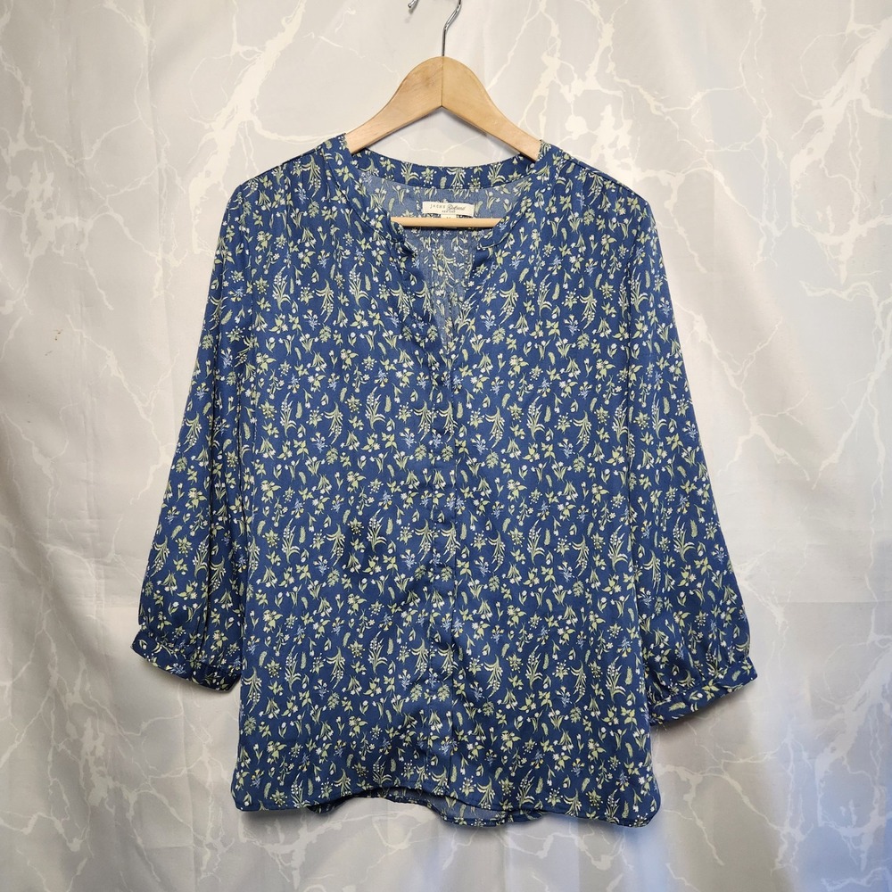 Jach's‎ Girlfriend Button Front Floral Blouse Women's M Blue 3/4 Sleeve V-Neck